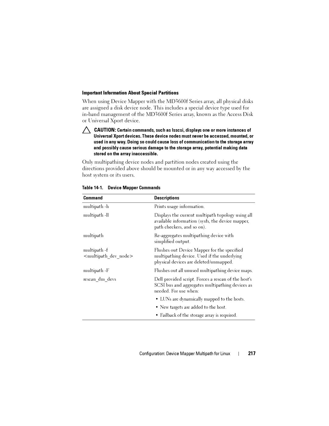 Dell MD3620F, MD3600f owner manual Important Information About Special Partitions, 217, Device Mapper Commands Descriptions 