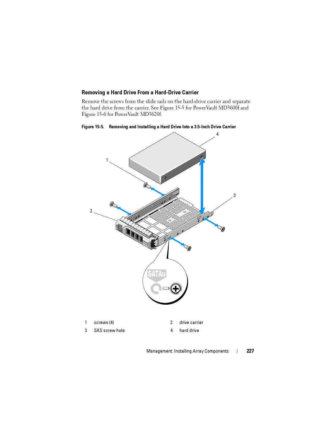 Dell MD3620F, MD3600f owner manual Removing a Hard Drive From a Hard-Drive Carrier, 227 