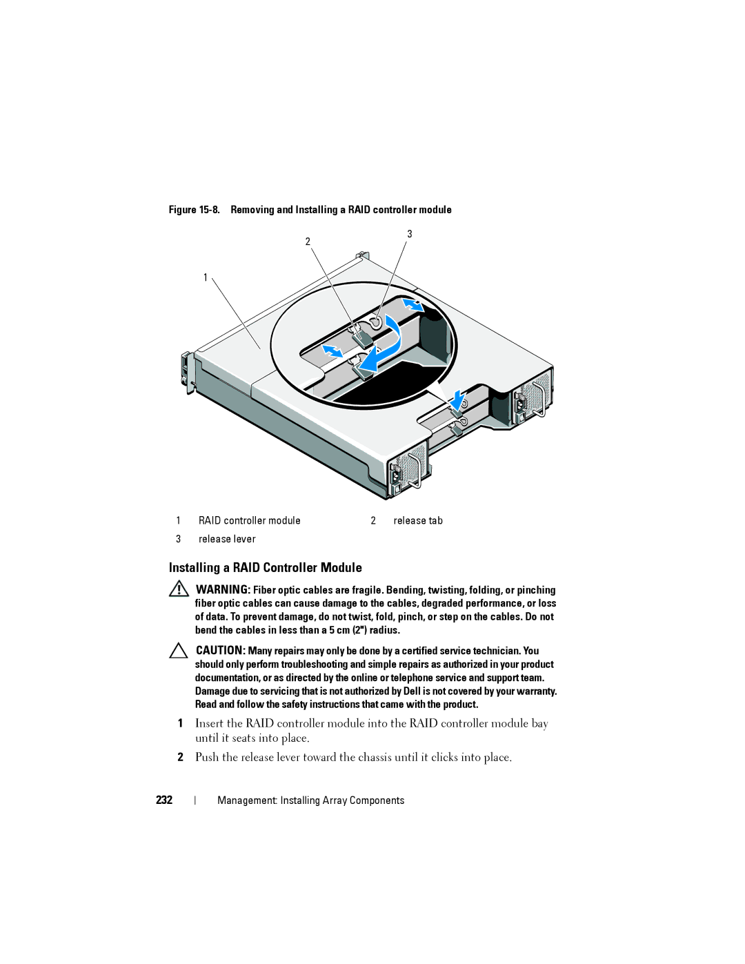 Dell MD3600f, MD3620F owner manual Installing a RAID Controller Module, 232 