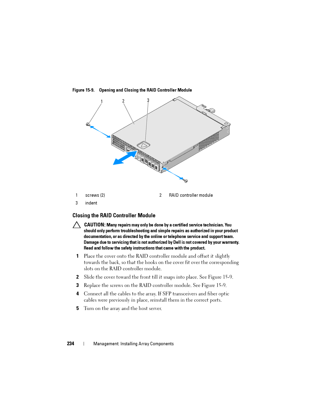 Dell MD3600f, MD3620F owner manual Closing the RAID Controller Module, 234 