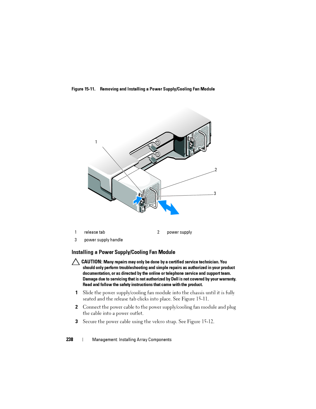 Dell MD3600f, MD3620F owner manual Installing a Power Supply/Cooling Fan Module, 238 