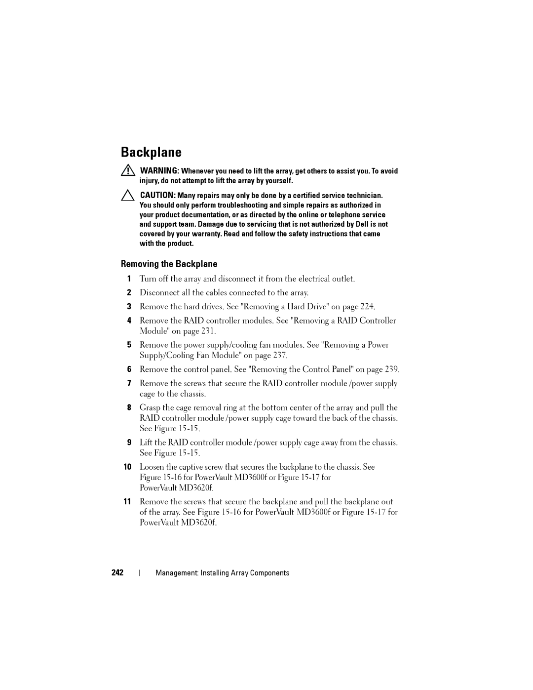 Dell MD3600f, MD3620F owner manual Removing the Backplane, 242 