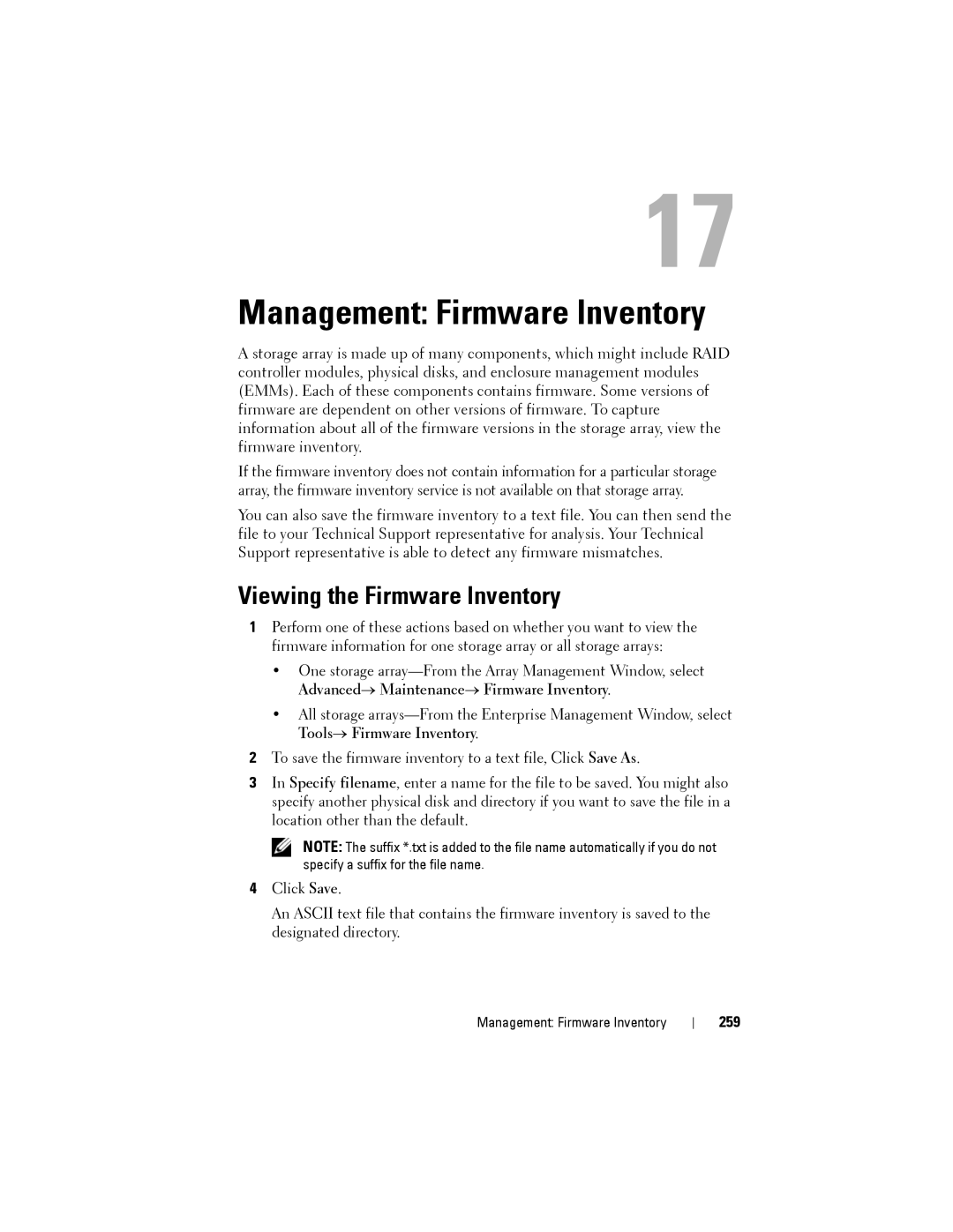 Dell MD3620F, MD3600f owner manual Viewing the Firmware Inventory, 259 