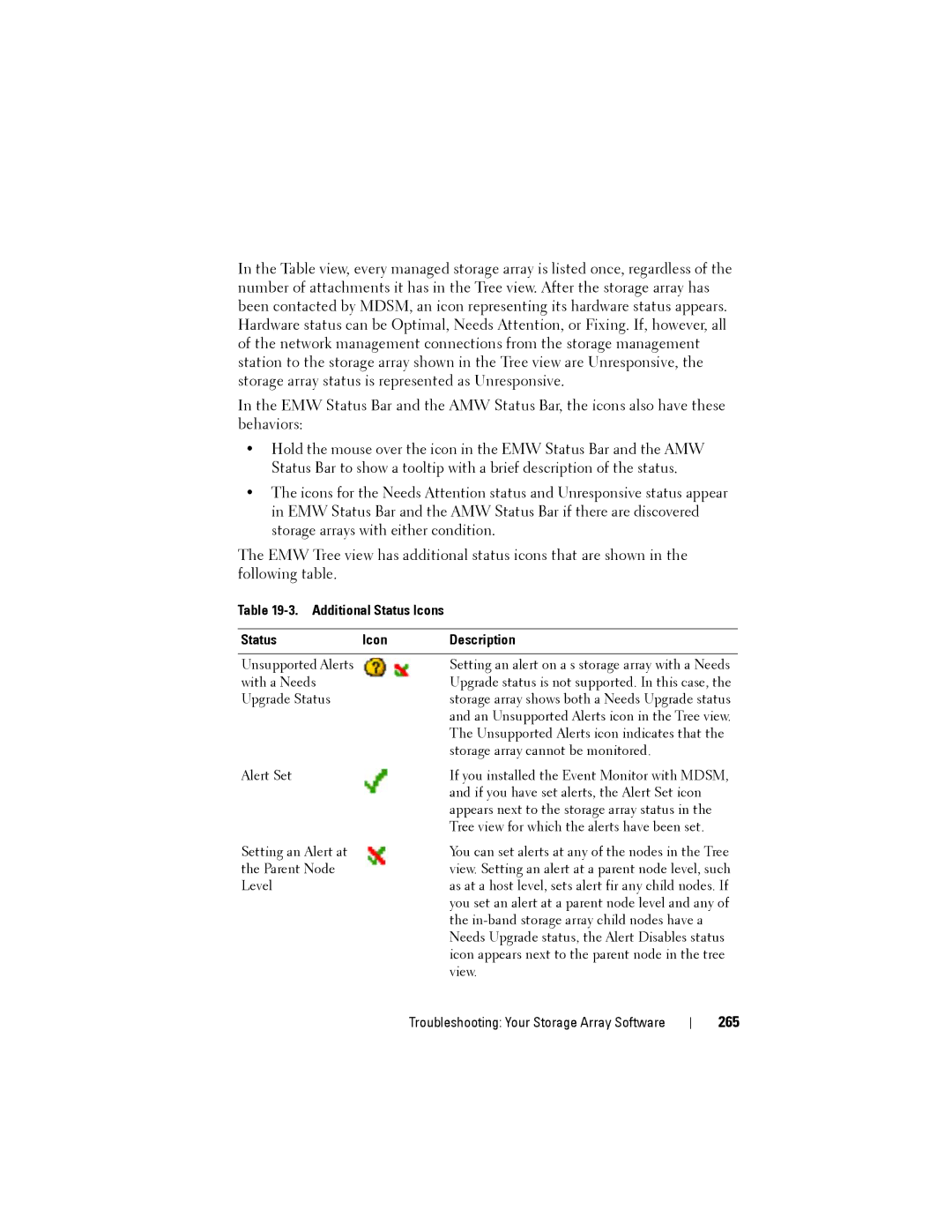 Dell MD3620F, MD3600f owner manual 265, Additional Status Icons Description 