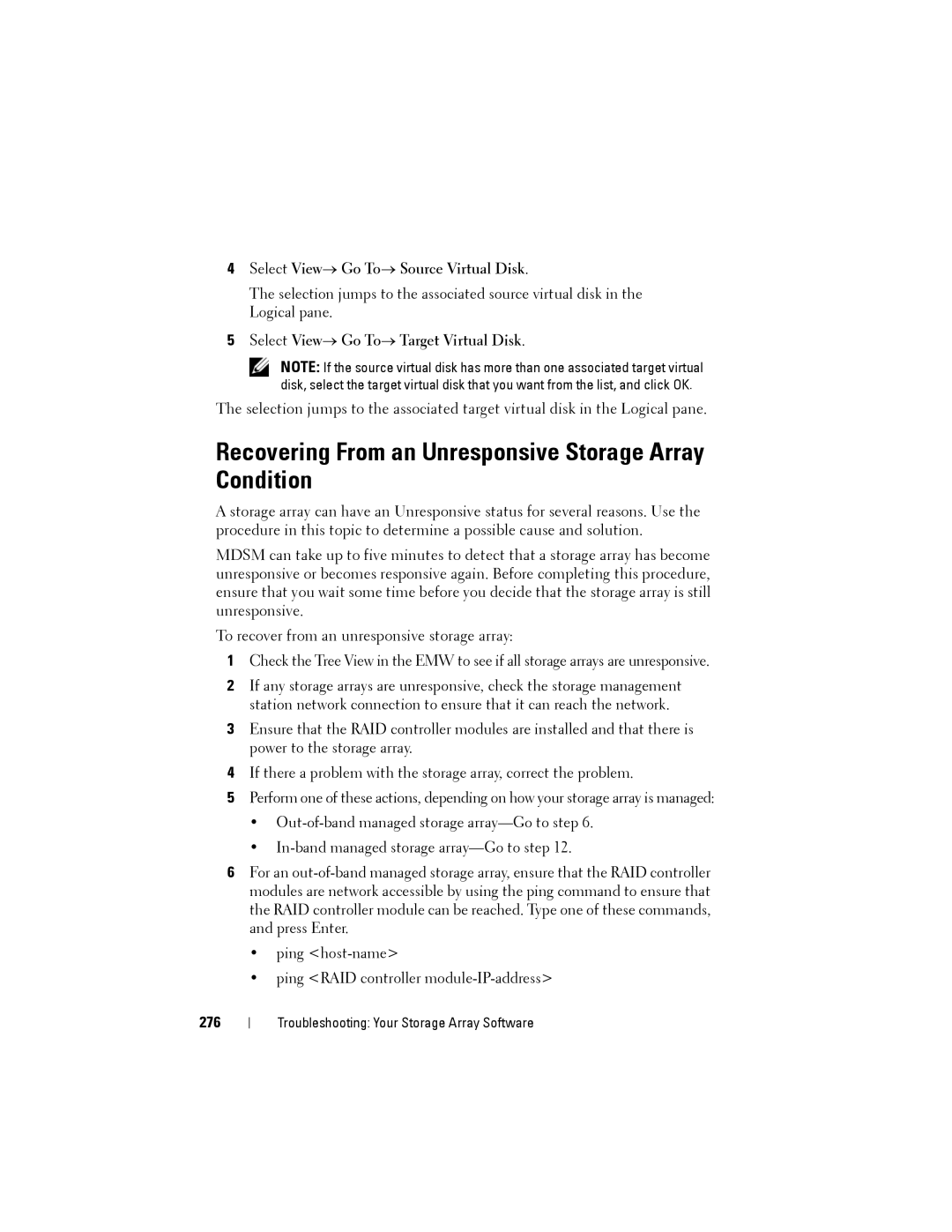 Dell MD3600f Recovering From an Unresponsive Storage Array Condition, Select View→ Go To→ Source Virtual Disk, 276 