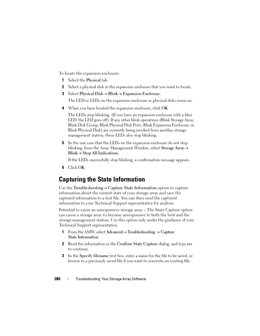 Dell MD3600f, MD3620F owner manual Capturing the State Information, Select Physical Disk→ Blink→ Expansion Enclosure, 280 