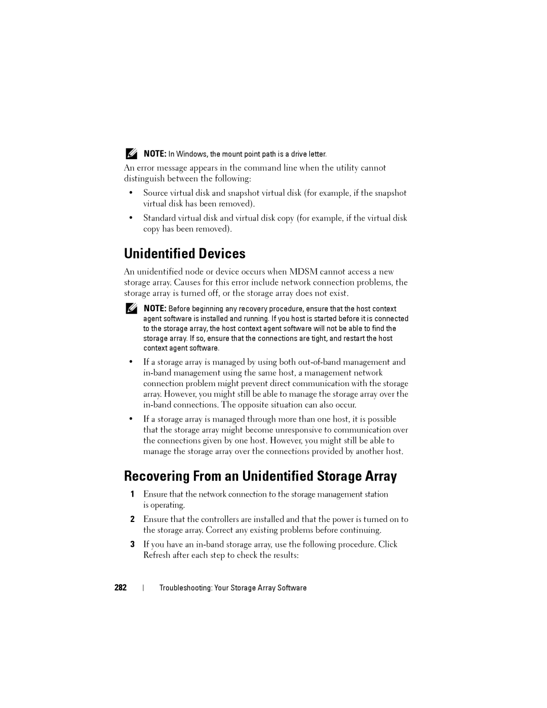 Dell MD3600f, MD3620F owner manual Unidentified Devices, Recovering From an Unidentified Storage Array, 282 