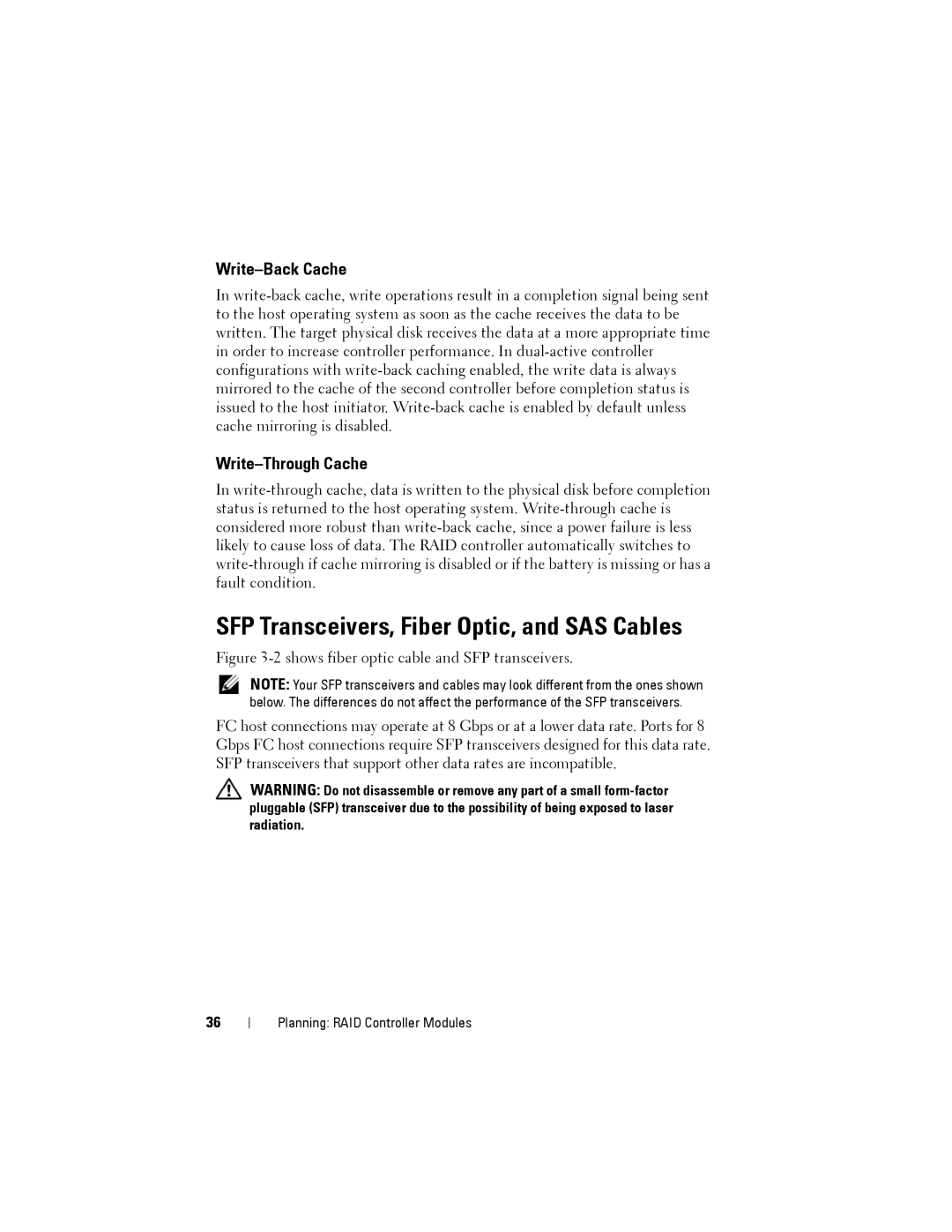 Dell MD3600f, MD3620F owner manual SFP Transceivers, Fiber Optic, and SAS Cables, Write-Back Cache, Write-Through Cache 