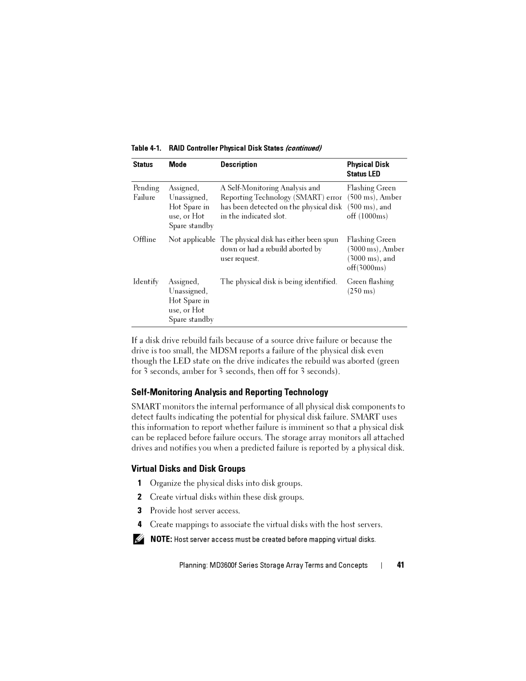 Dell MD3620F, MD3600f owner manual Self-Monitoring Analysis and Reporting Technology, Virtual Disks and Disk Groups 