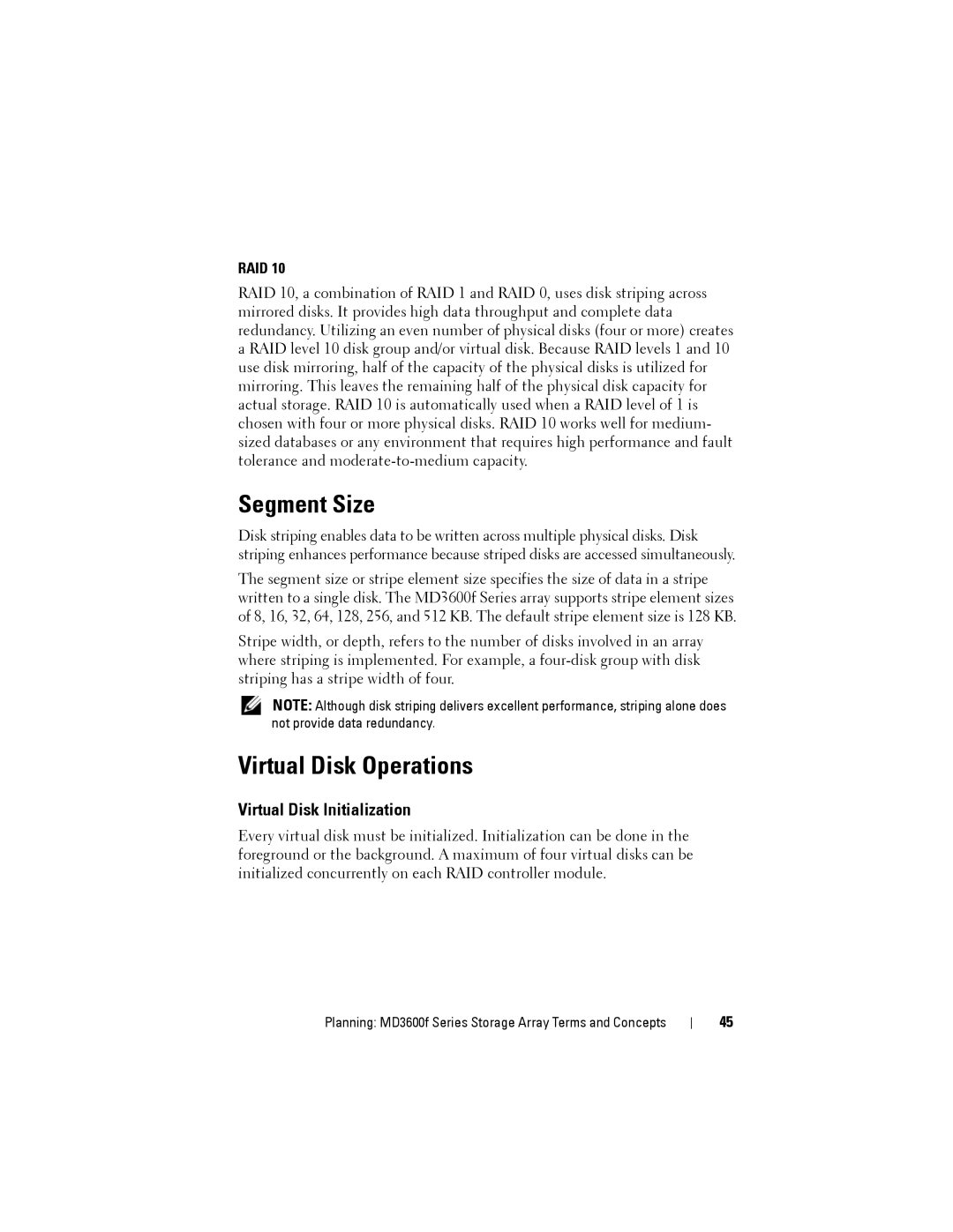 Dell MD3620F, MD3600f owner manual Segment Size, Virtual Disk Operations, Virtual Disk Initialization 