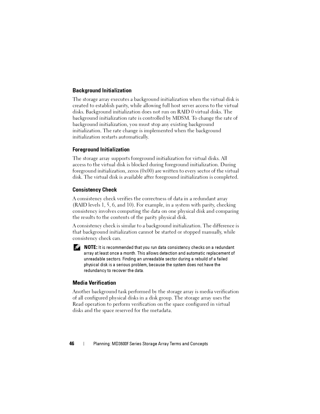 Dell MD3600f, MD3620F Background Initialization, Foreground Initialization, Consistency Check, Media Verification 