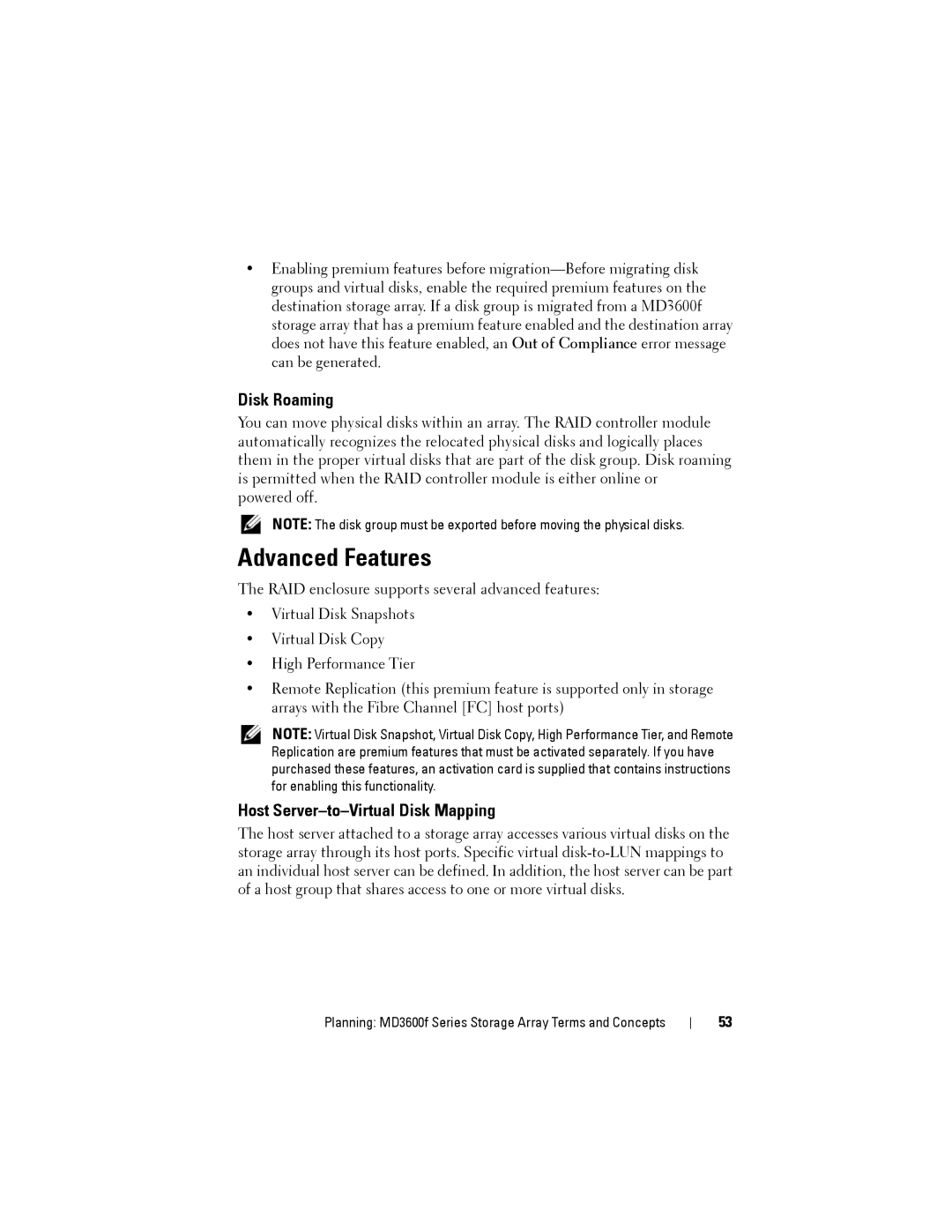 Dell MD3620F, MD3600f owner manual Advanced Features, Disk Roaming, Host Server-to-Virtual Disk Mapping 