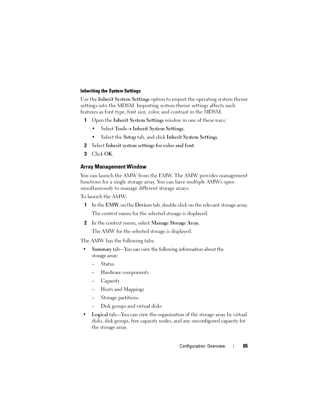 Dell MD3620F, MD3600f owner manual Array Management Window, Inheriting the System Settings 