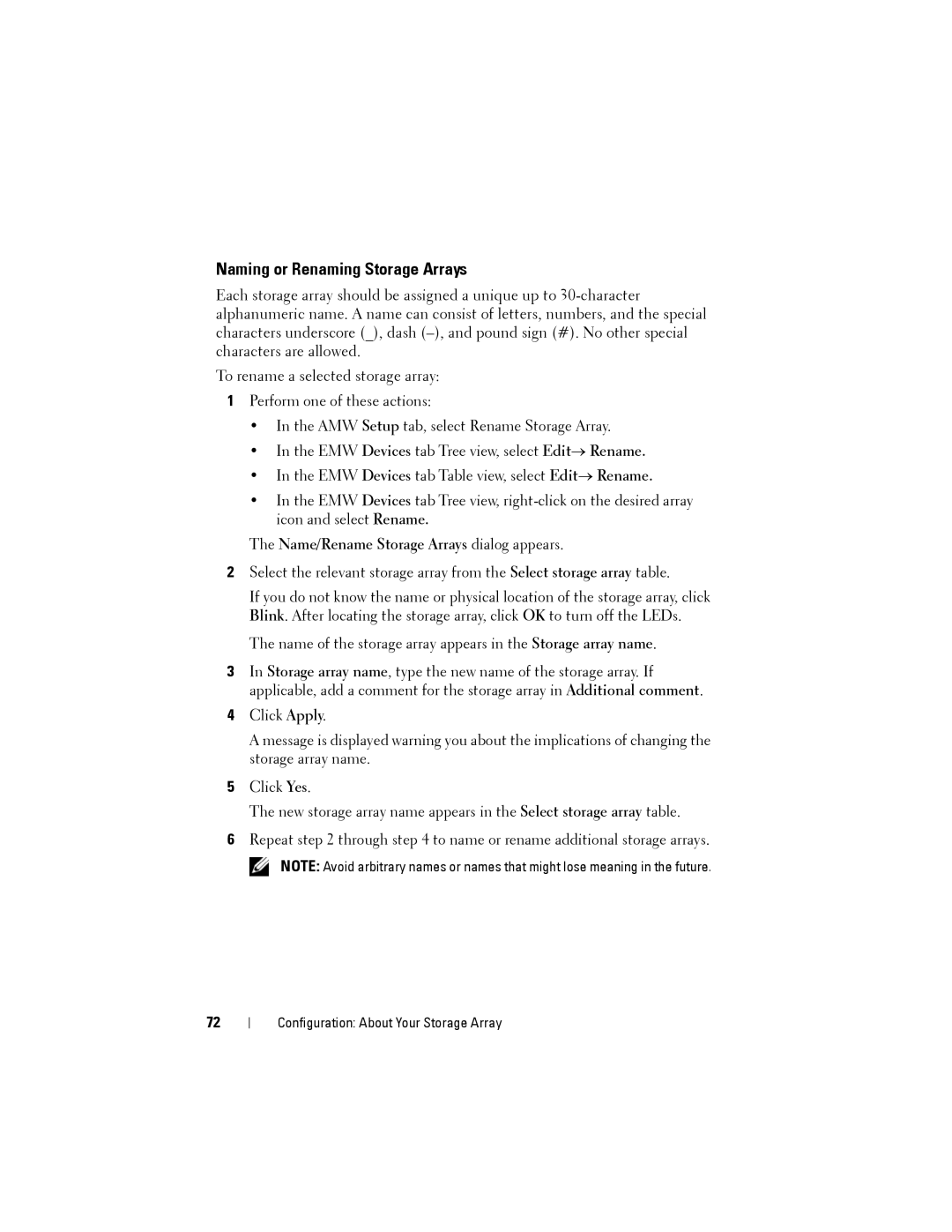 Dell MD3600f, MD3620F owner manual Naming or Renaming Storage Arrays, Name/Rename Storage Arrays dialog appears 