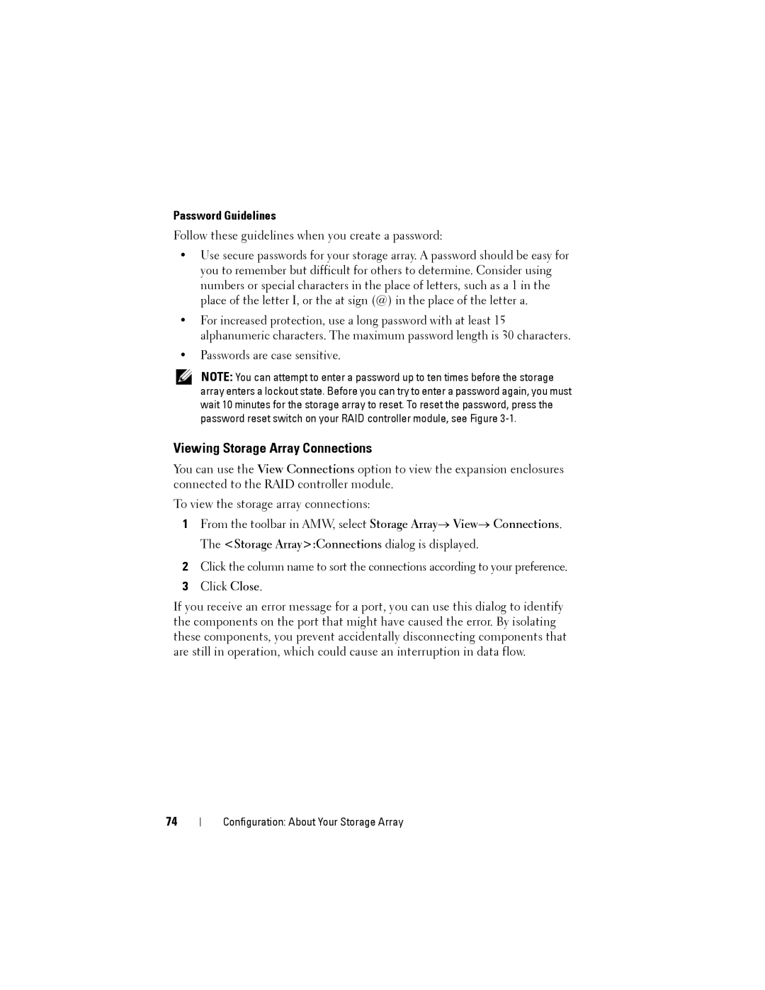 Dell MD3600f, MD3620F owner manual Viewing Storage Array Connections, Password Guidelines 