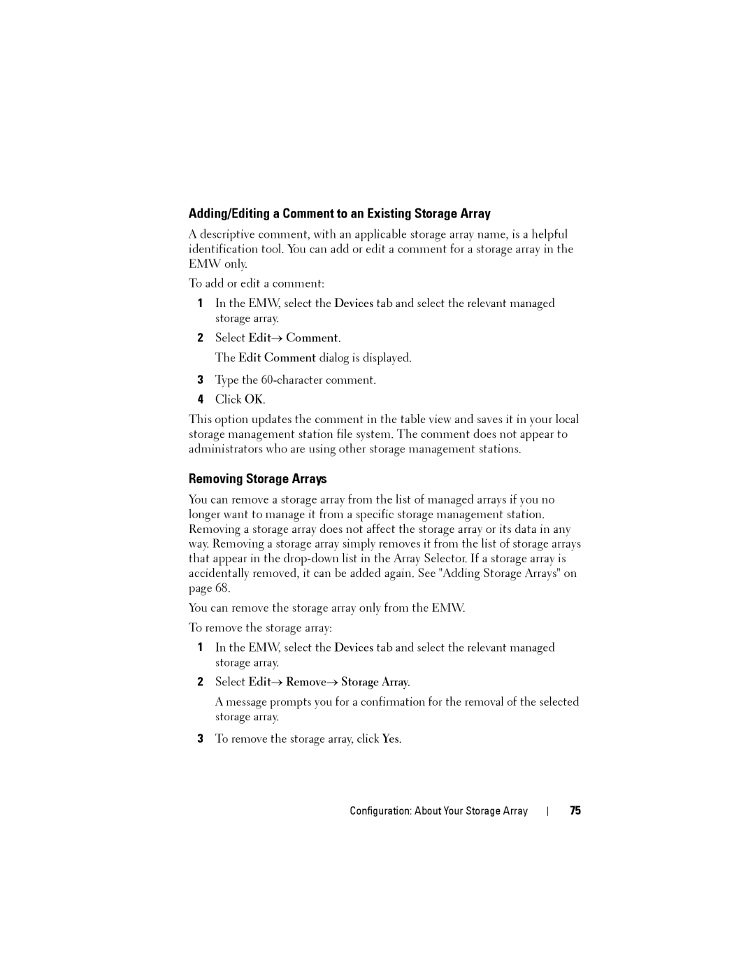 Dell MD3620F, MD3600f Adding/Editing a Comment to an Existing Storage Array, Removing Storage Arrays, Select Edit→ Comment 