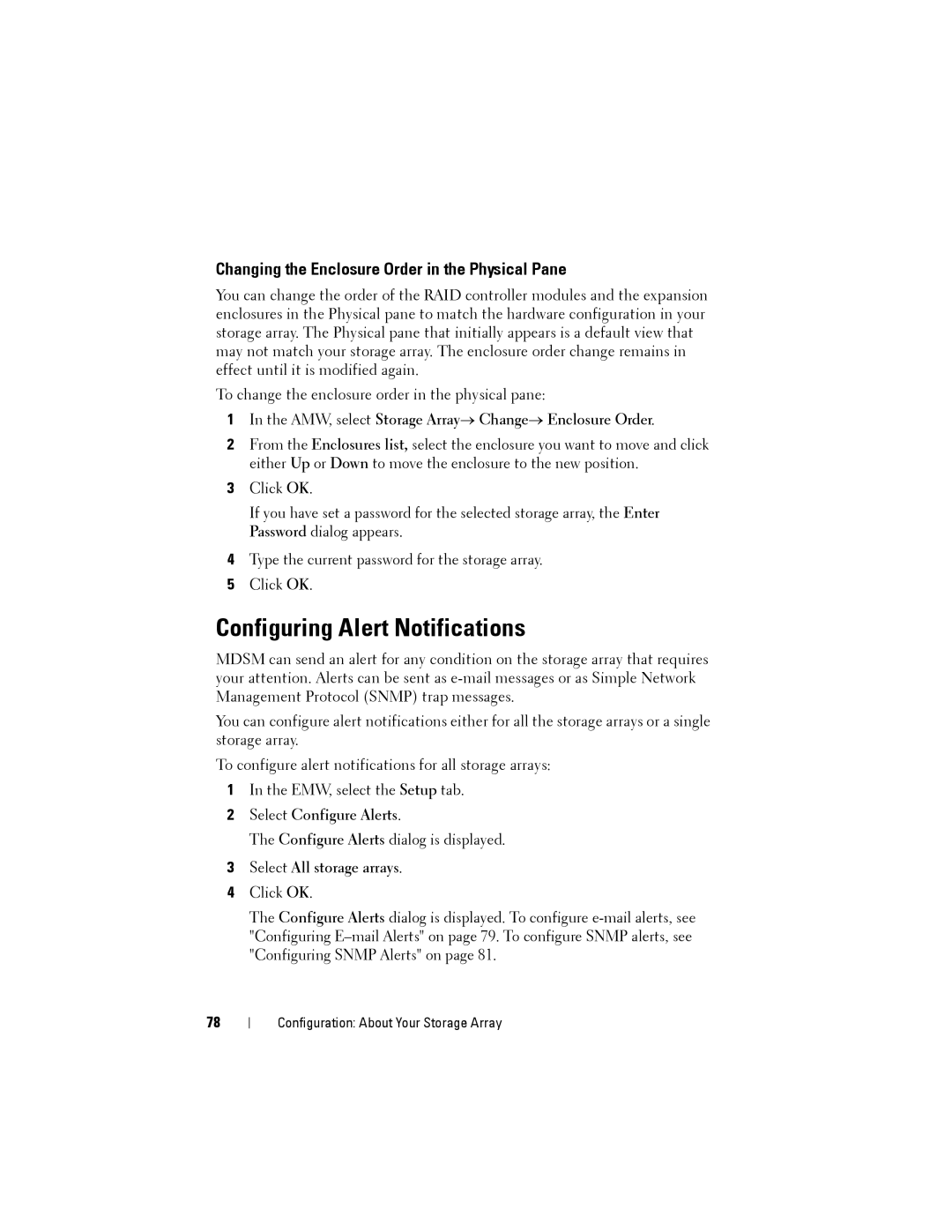 Dell MD3600f Configuring Alert Notifications, Changing the Enclosure Order in the Physical Pane, Select Configure Alerts 