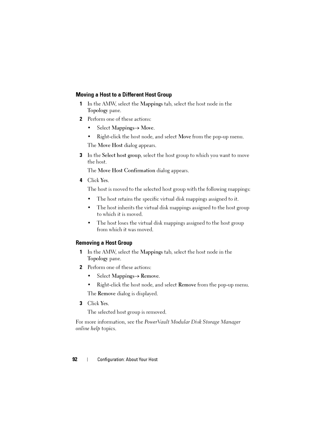 Dell MD3600f, MD3620F owner manual Moving a Host to a Different Host Group, Removing a Host Group, Select Mappings→ Move 