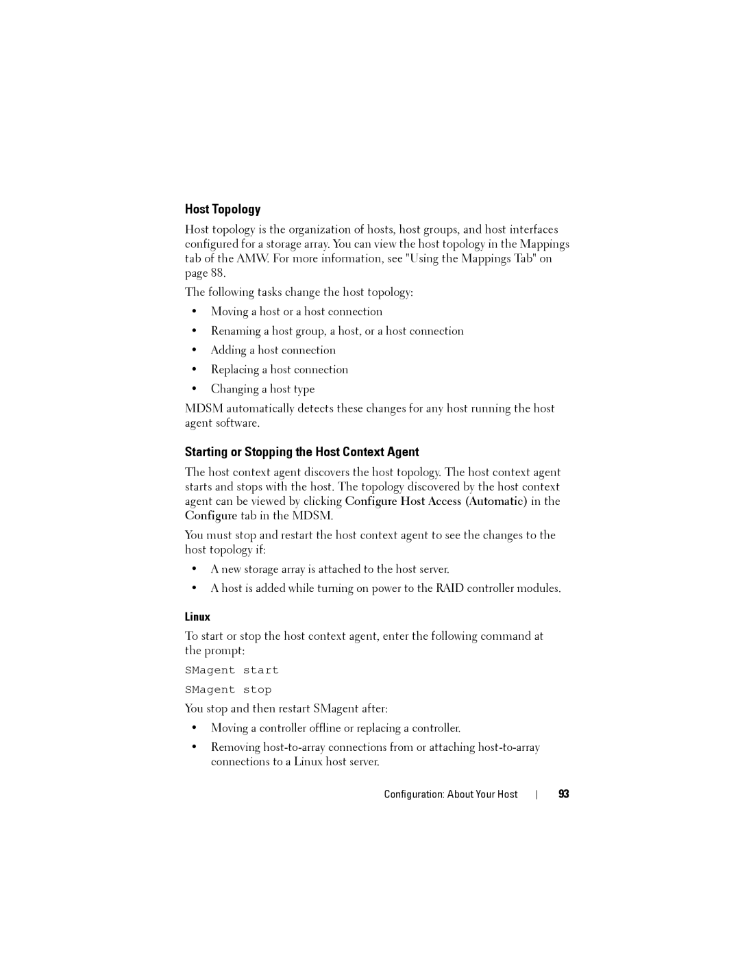 Dell MD3620F, MD3600f owner manual Host Topology, Starting or Stopping the Host Context Agent, Linux 