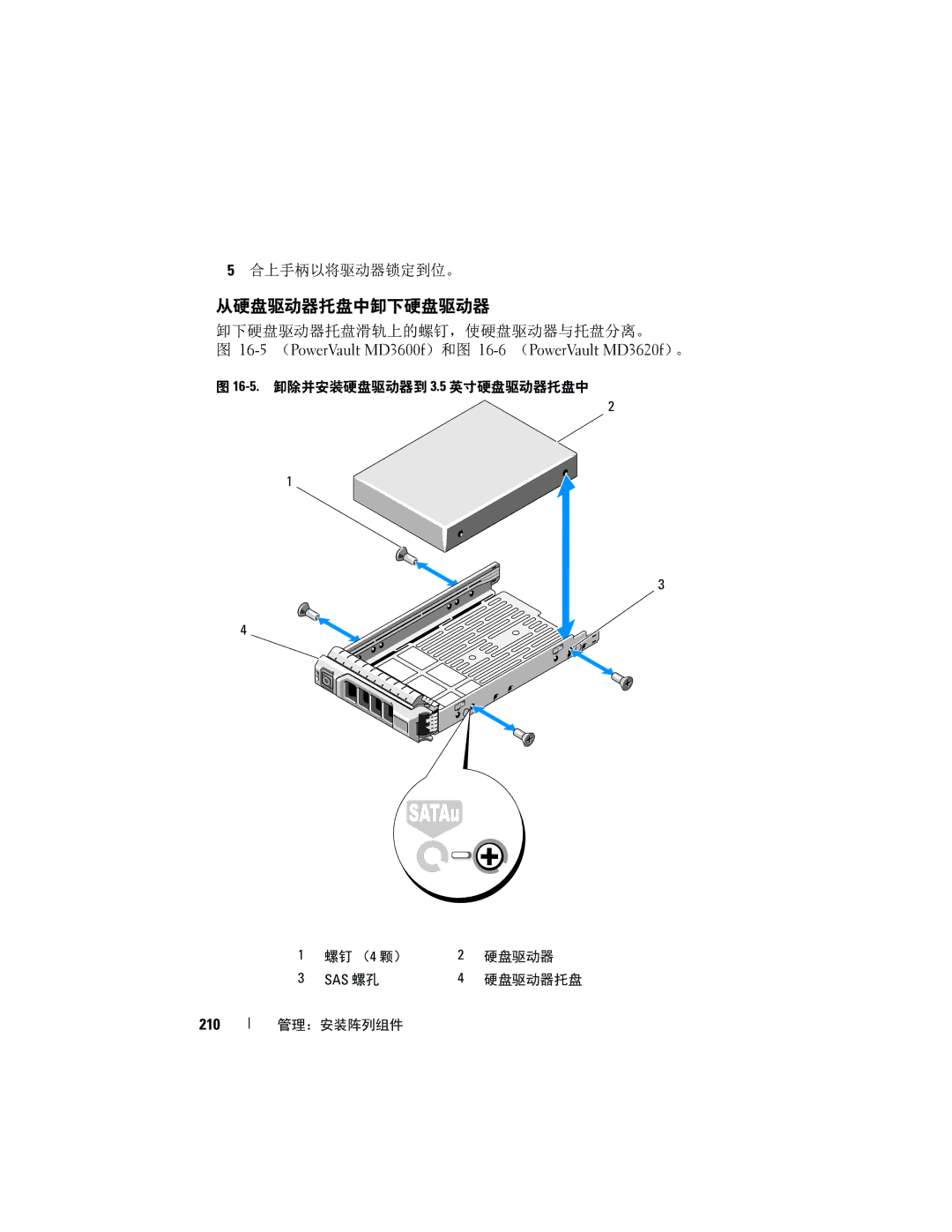 Dell MD3600f, MD3620F manual 从硬盘驱动器托盘中卸下硬盘驱动器, 合上手柄以将驱动器锁定到位。, 卸下硬盘驱动器托盘滑轨上的螺钉，使硬盘驱动器与托盘分离。, 210 