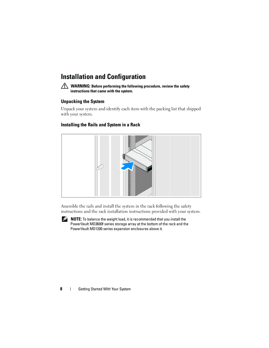 Dell MD3600f, MD3620F manual Installation and Configuration, Unpacking the System, Installing the Rails and System in a Rack 