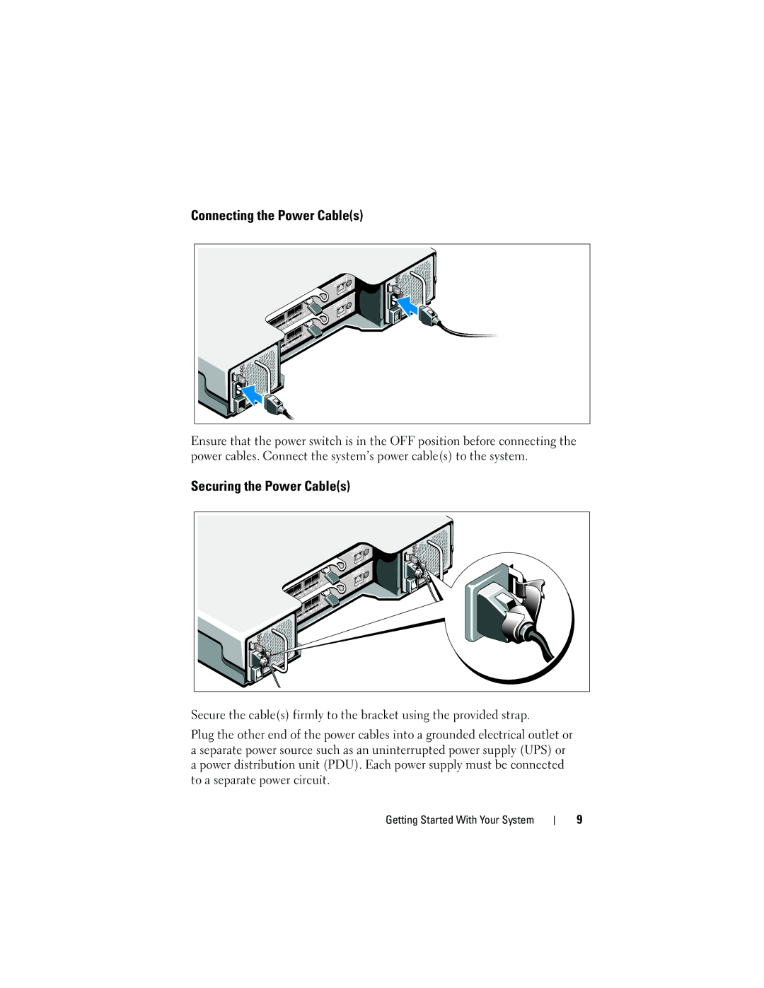 Dell MD3620F, MD3600f manual Connecting the Power Cables, Securing the Power Cables 