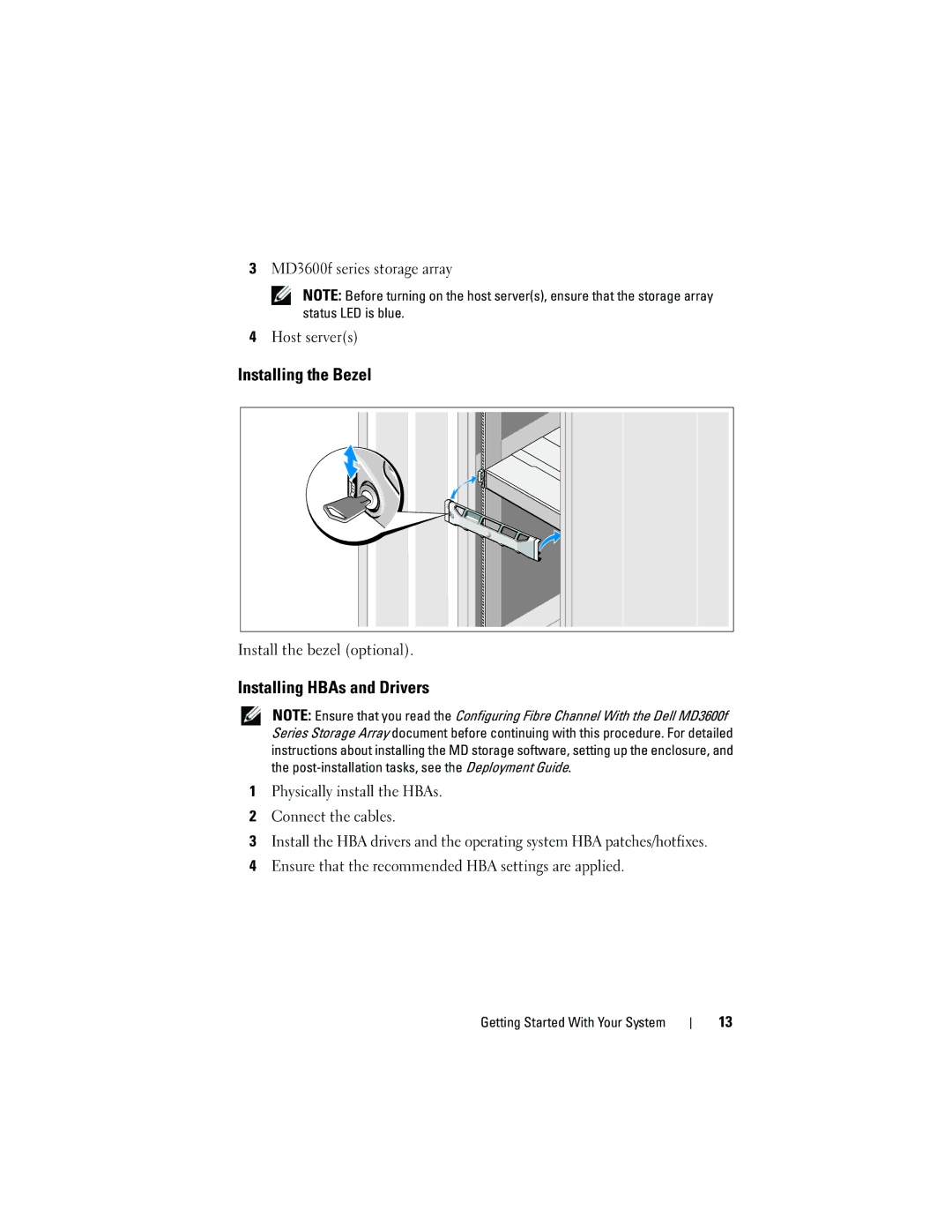 Dell MD3620F, MD3600f manual Installing the Bezel, Installing HBAs and Drivers 