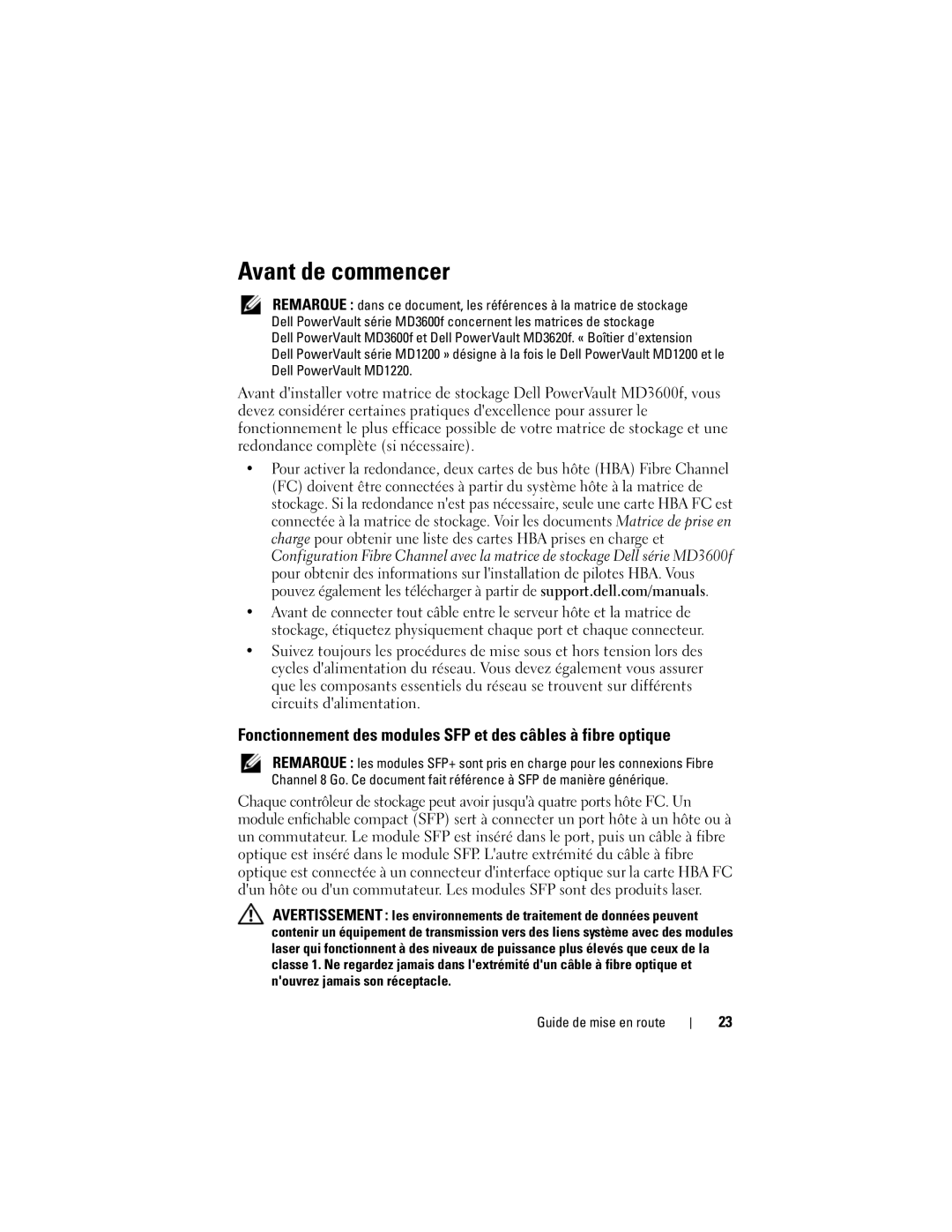 Dell MD3620F, MD3600f manual Avant de commencer, Fonctionnement des modules SFP et des câbles à fibre optique 