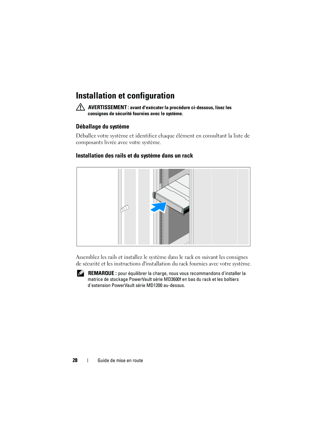 Dell MD3600f manual Installation et configuration, Déballage du système, Installation des rails et du système dans un rack 