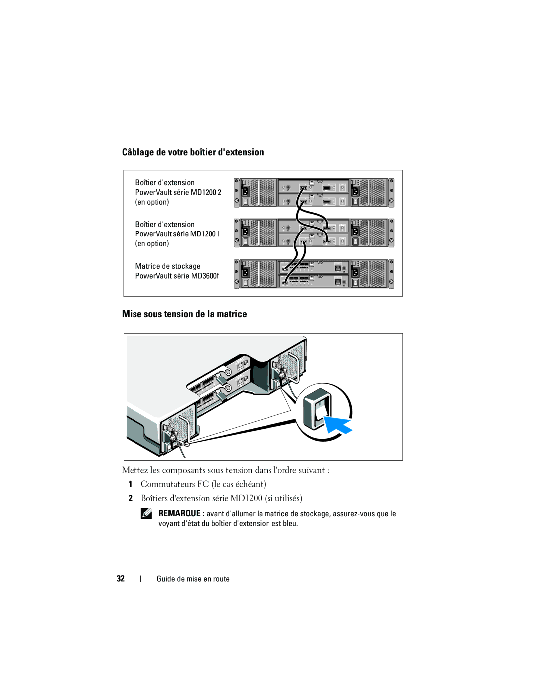 Dell MD3600f, MD3620F Câblage de votre boîtier dextension, Mise sous tension de la matrice, Boîtier dextension, En option 