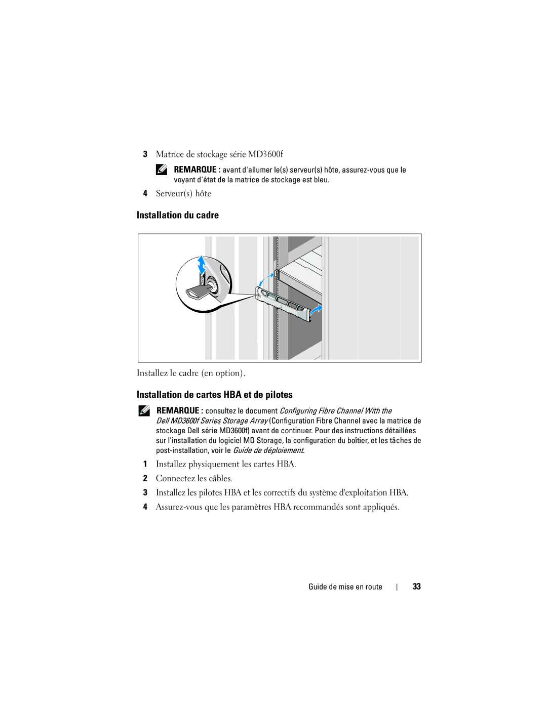 Dell MD3620F, MD3600f manual Installation du cadre, Installation de cartes HBA et de pilotes 