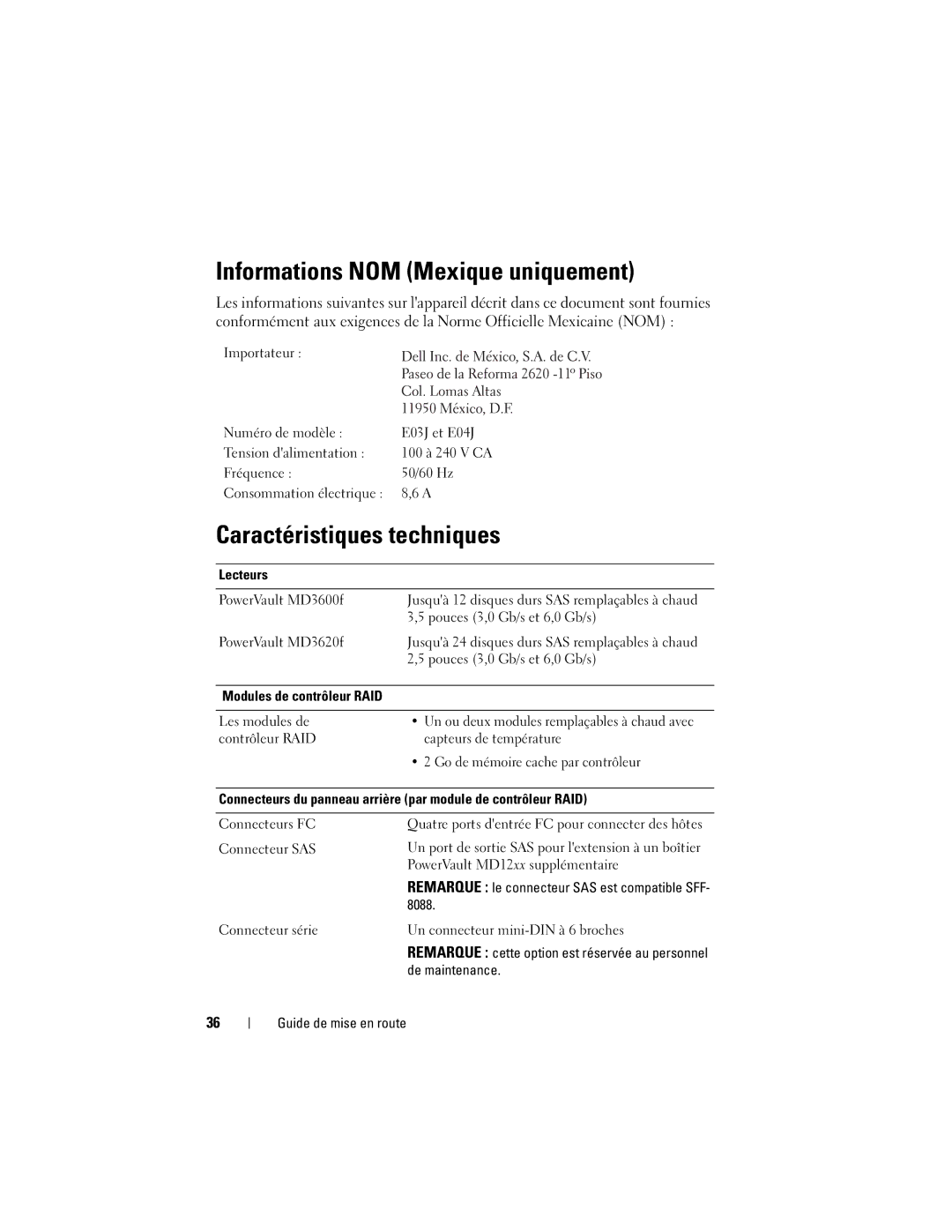 Dell MD3600f, MD3620F manual Informations NOM Mexique uniquement, Caractéristiques techniques 