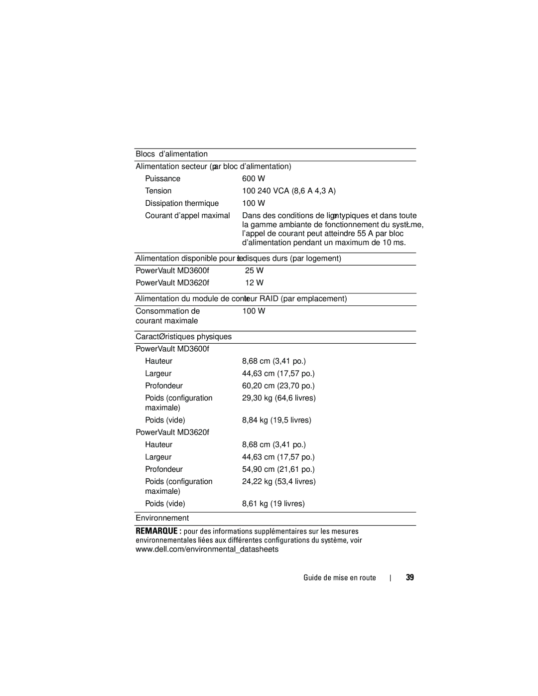 Dell MD3620F, MD3600f manual Lappel de courant peut atteindre 55 a par bloc, Dalimentation pendant un maximum de 10 ms 