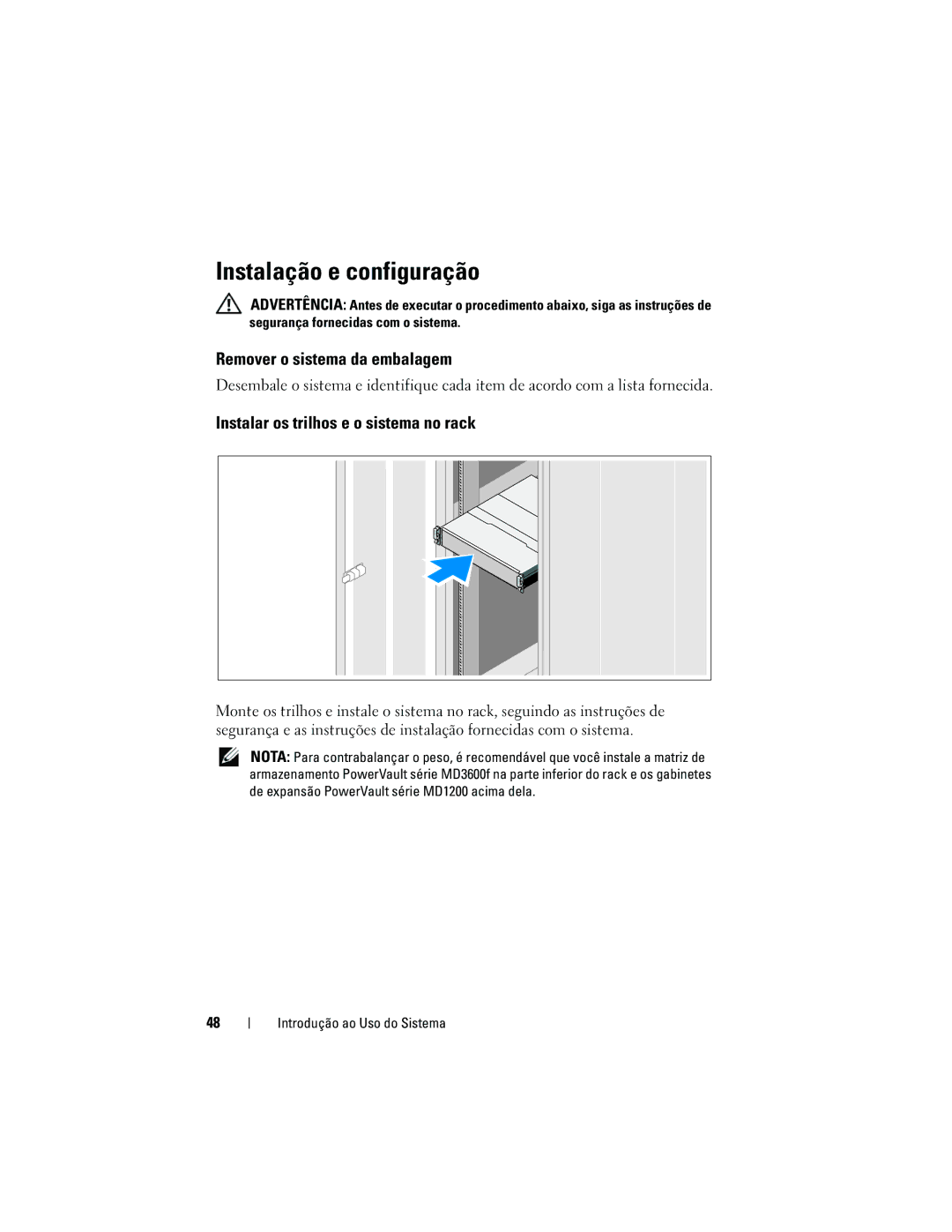 Dell MD3600f, MD3620F Instalação e configuração, Remover o sistema da embalagem, Instalar os trilhos e o sistema no rack 