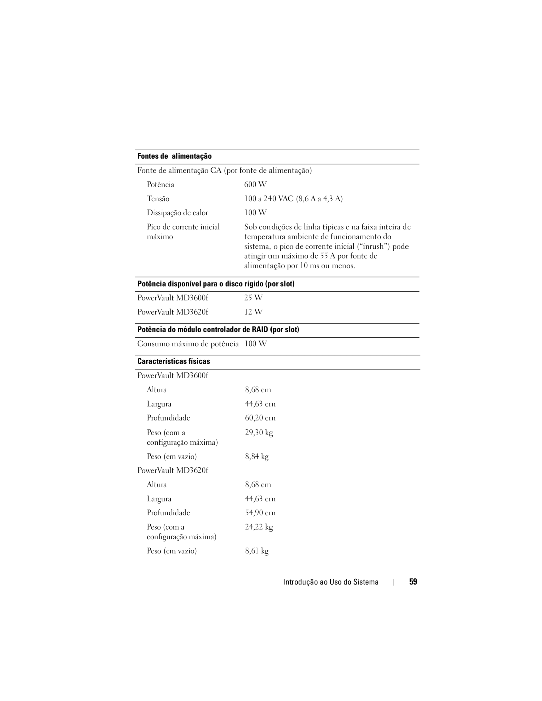 Dell MD3620F manual Máximo Temperatura ambiente de funcionamento do, Atingir um máximo de 55 a por fonte de, Profundidade 