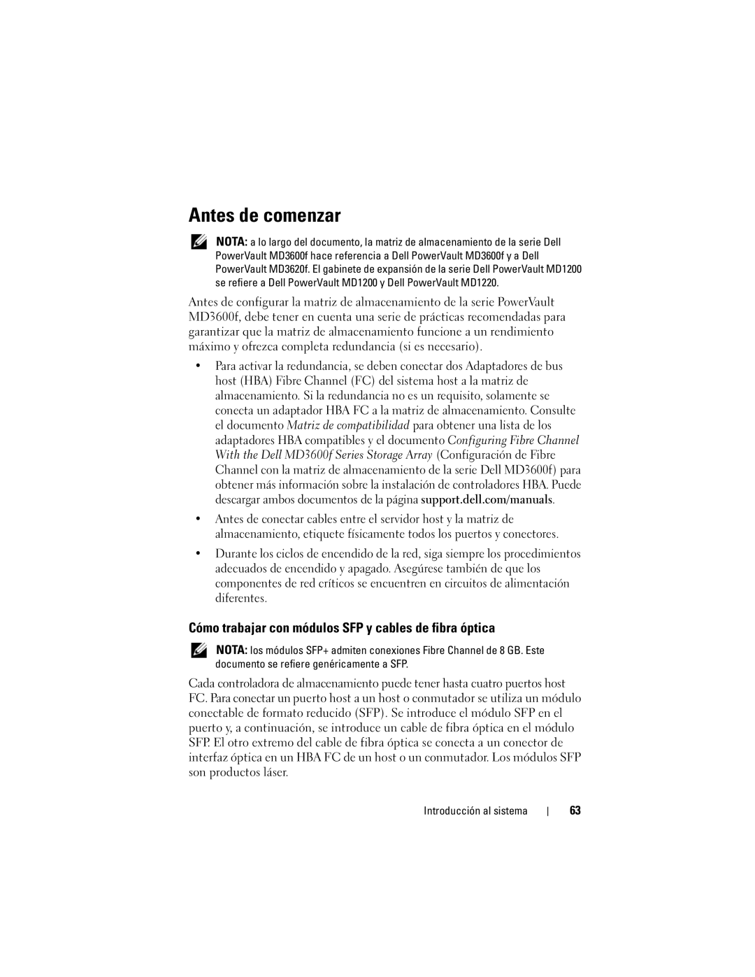 Dell MD3620F, MD3600f Antes de comenzar, Cómo trabajar con módulos SFP y cables de fibra óptica, Introducción al sistema 