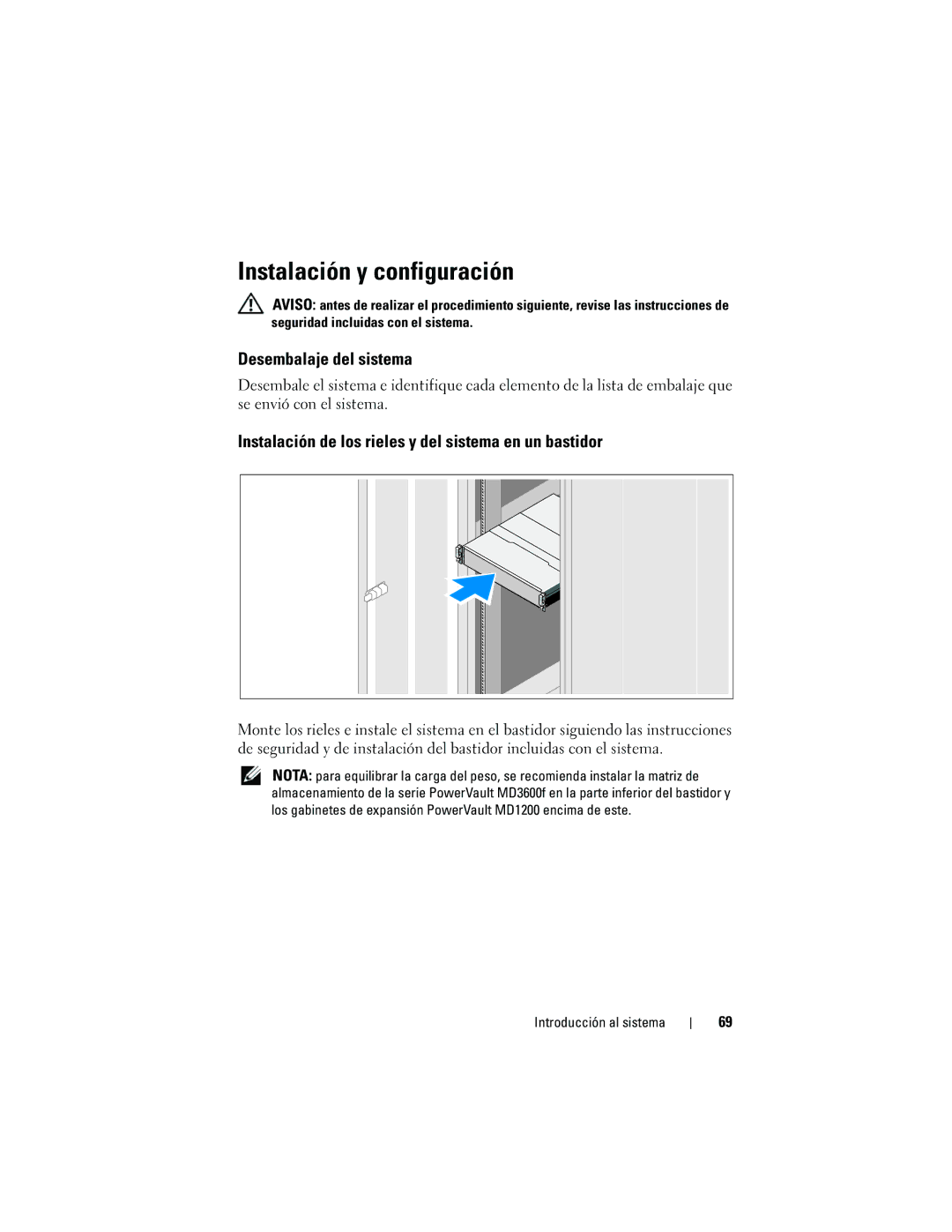 Dell MD3620F Instalación y configuración, Desembalaje del sistema, Instalación de los rieles y del sistema en un bastidor 