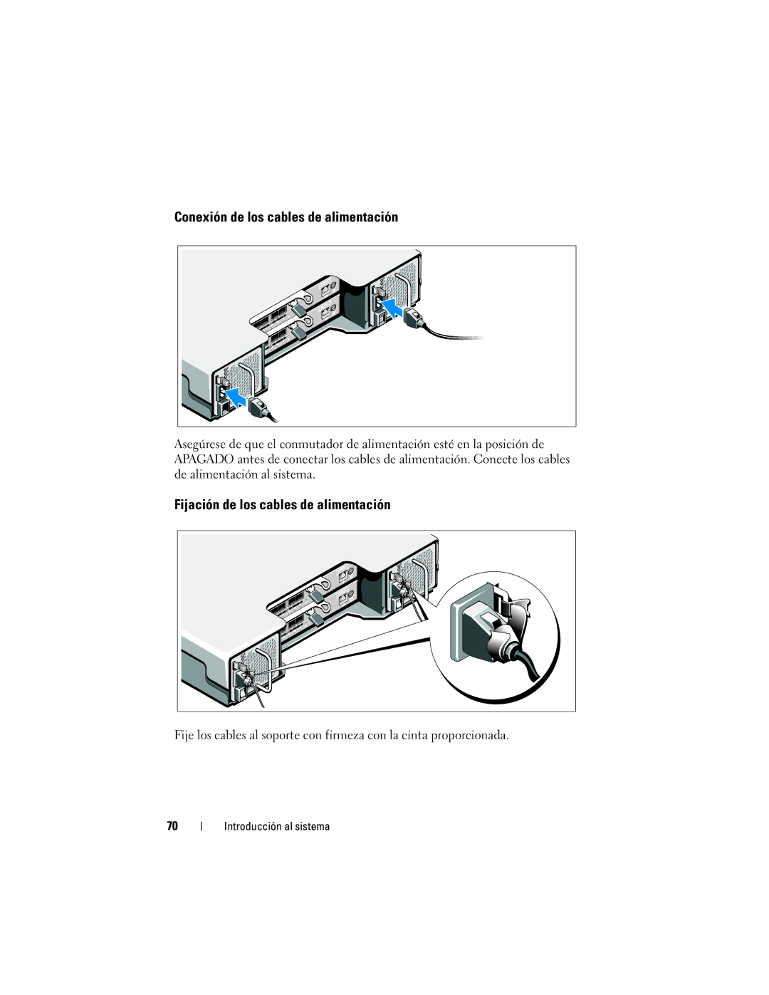 Dell MD3600f, MD3620F manual Conexión de los cables de alimentación, Fijación de los cables de alimentación 