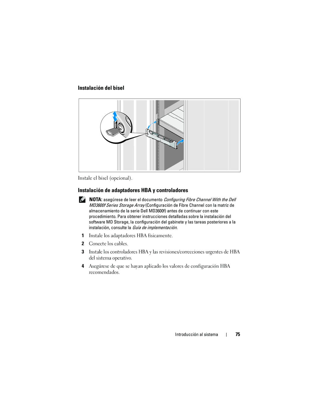 Dell MD3620F, MD3600f manual Instalación del bisel, Instalación de adaptadores HBA y controladores 