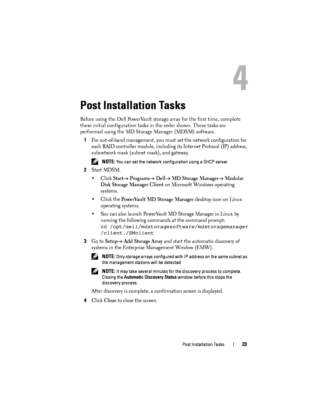 Dell MD3620F, MD3600f manual Post Installation Tasks 