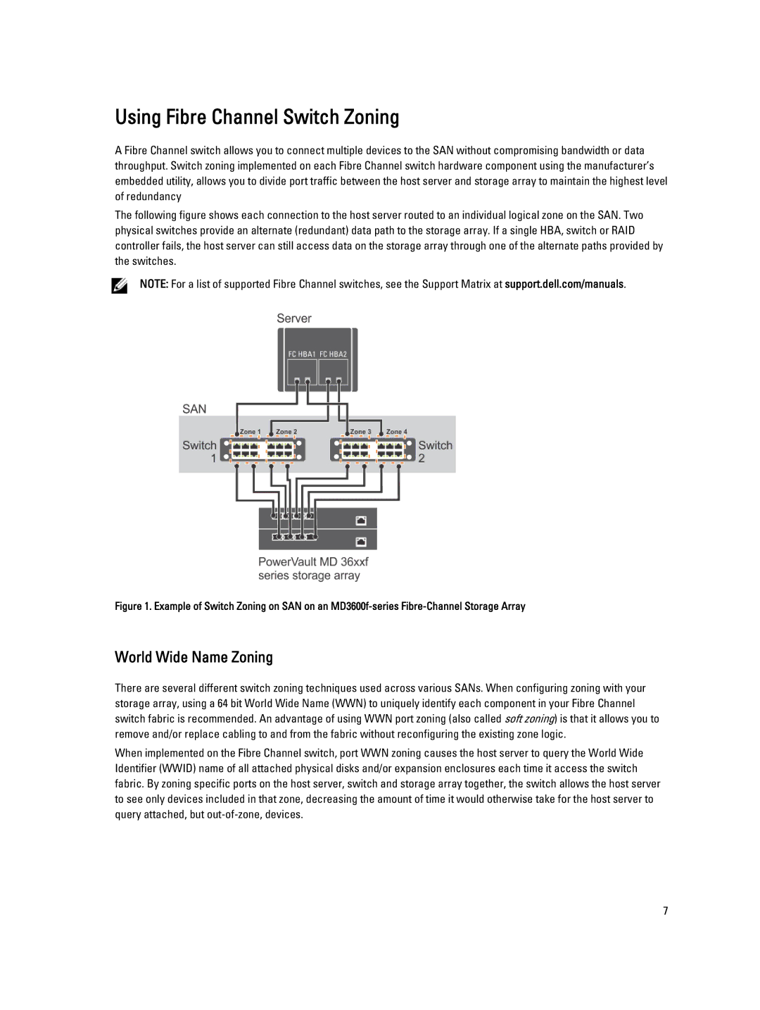 Dell MD3600f/3620f/MD3660f manual Using Fibre Channel Switch Zoning, World Wide Name Zoning 