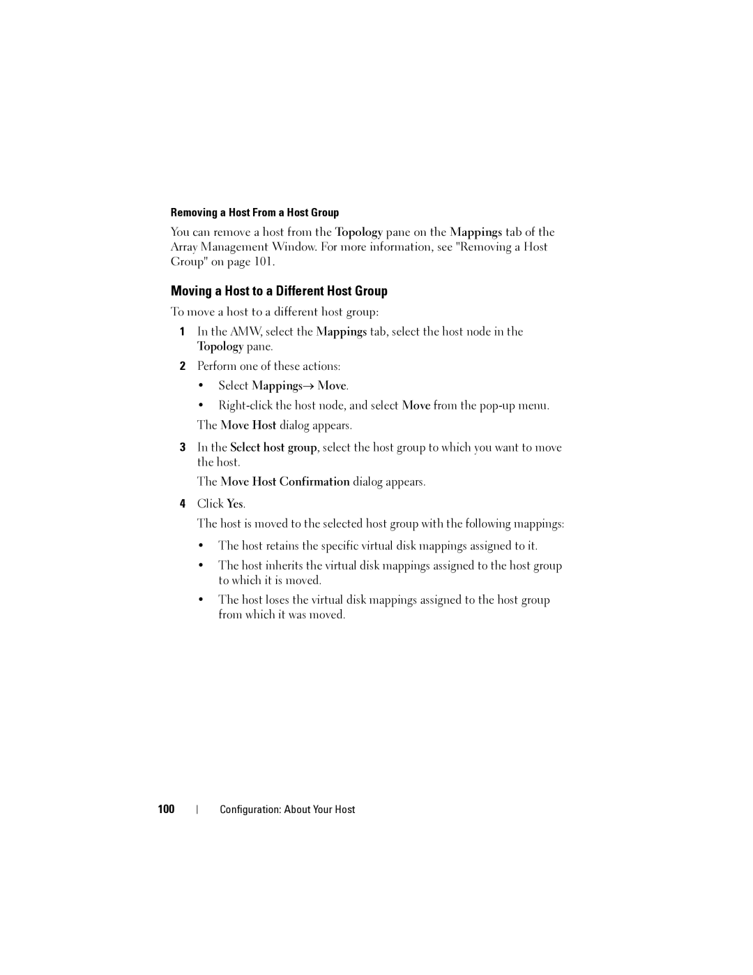 Dell MD3620I Moving a Host to a Different Host Group, Removing a Host From a Host Group, Select Mappings→ Move, 100 