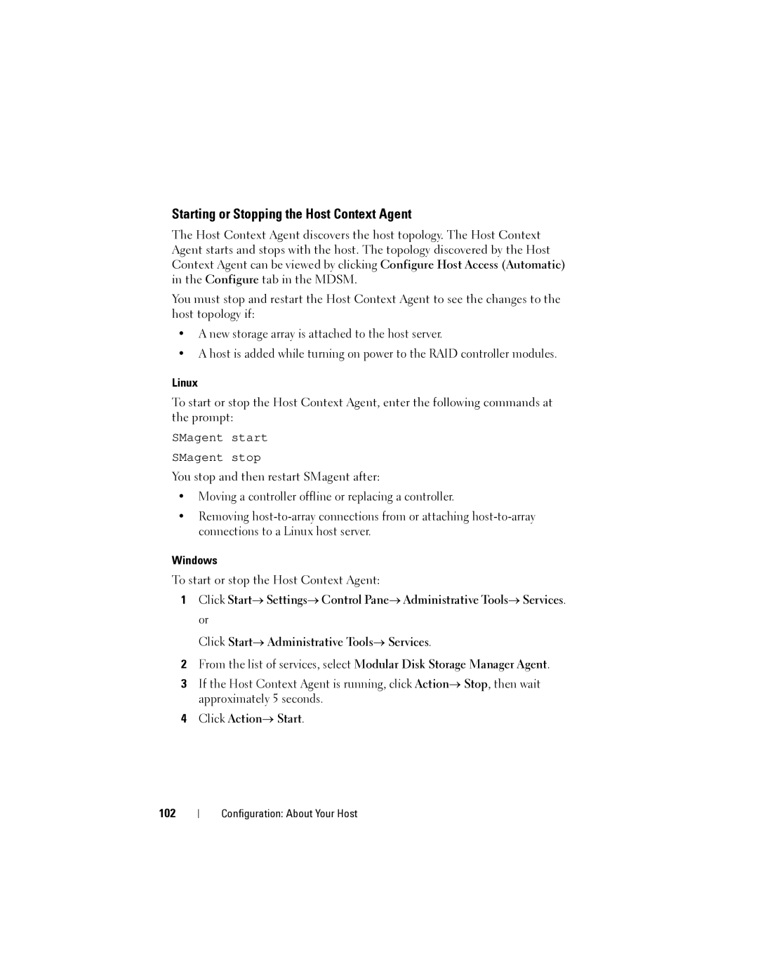 Dell MD3620I, MD3600I owner manual Starting or Stopping the Host Context Agent, Linux, Windows, Click Action→ Start, 102 