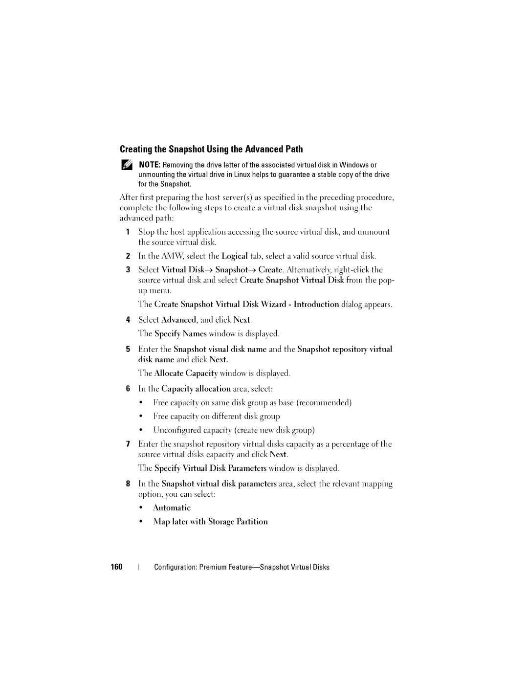 Dell MD3620I Creating the Snapshot Using the Advanced Path, Specify Virtual Disk Parameters window is displayed, 160 