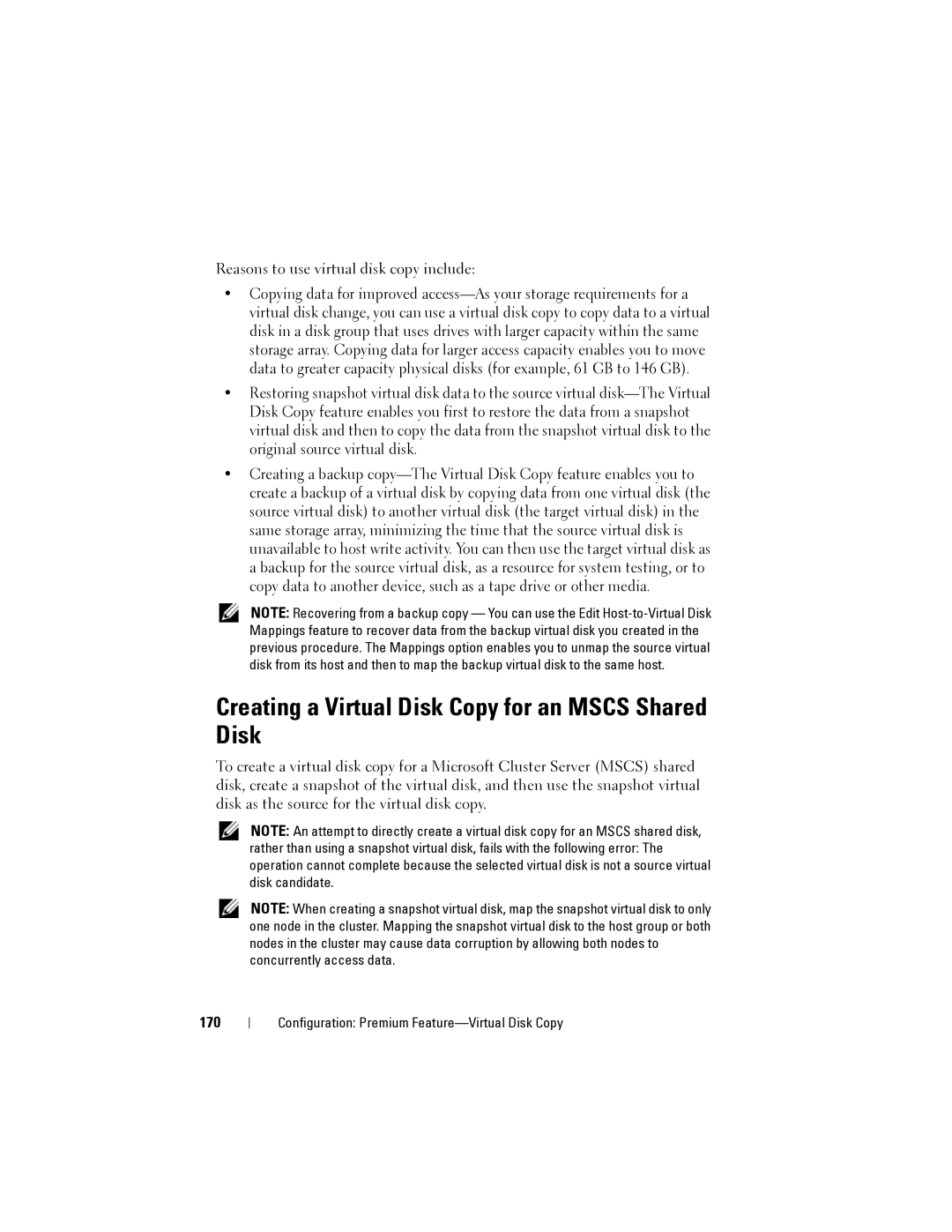 Dell MD3620I, MD3600I owner manual Creating a Virtual Disk Copy for an Mscs Shared Disk, 170 