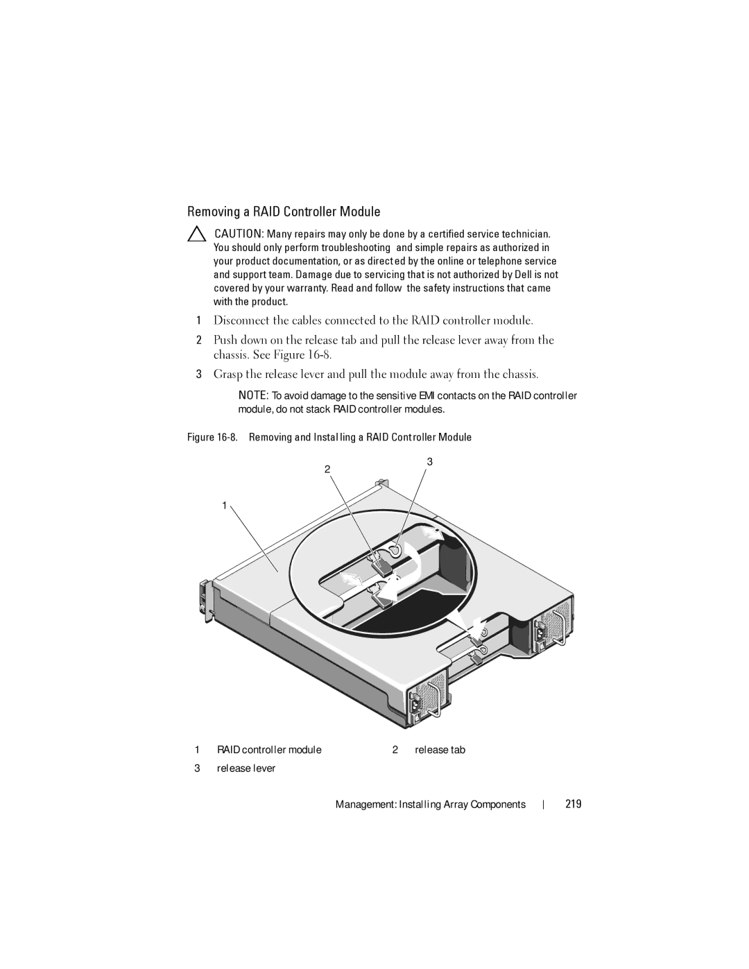 Dell MD3600I, MD3620I owner manual Removing a RAID Controller Module, 219 