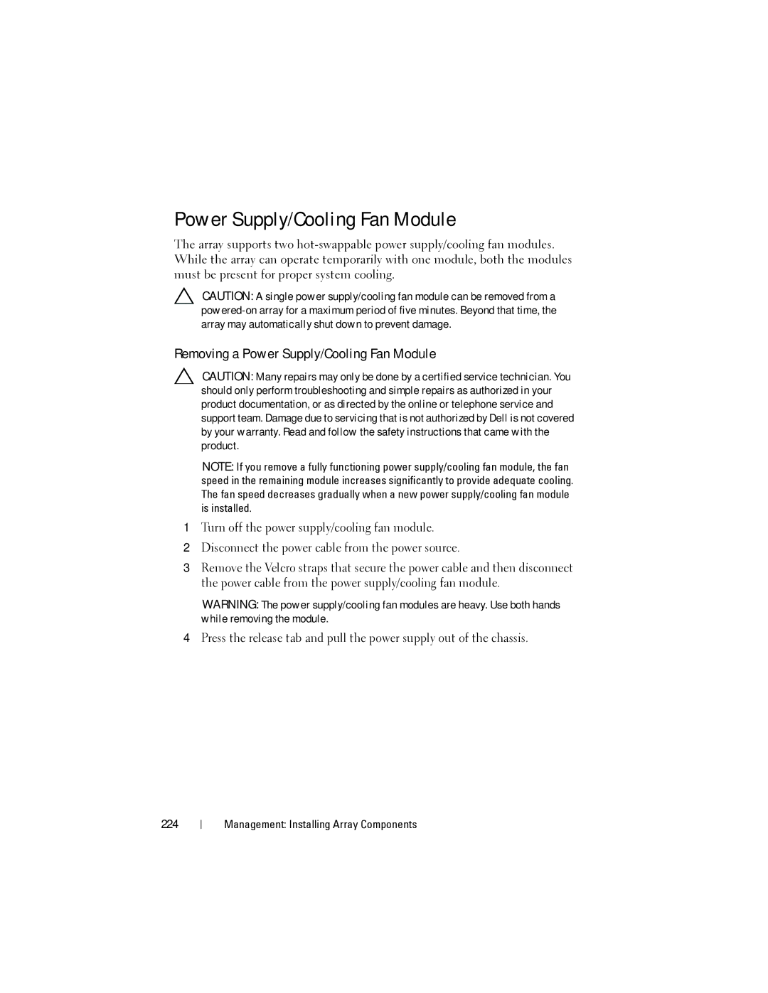 Dell MD3620I, MD3600I owner manual Removing a Power Supply/Cooling Fan Module, 224 