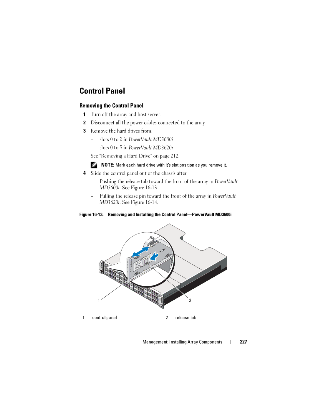 Dell MD3600I, MD3620I owner manual Removing the Control Panel, 227 