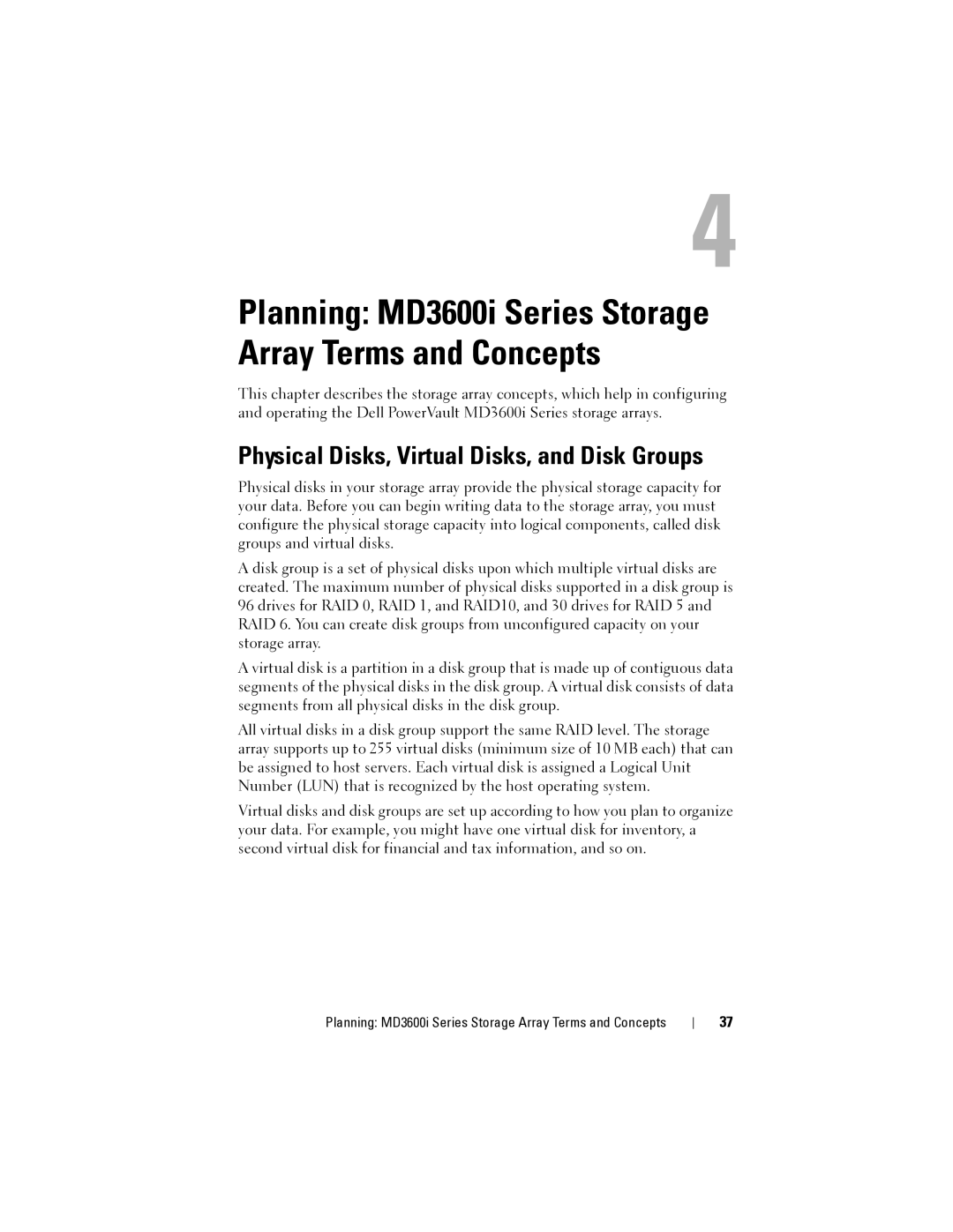 Dell MD3600I Planning MD3600i Series Storage Array Terms and Concepts, Physical Disks, Virtual Disks, and Disk Groups 