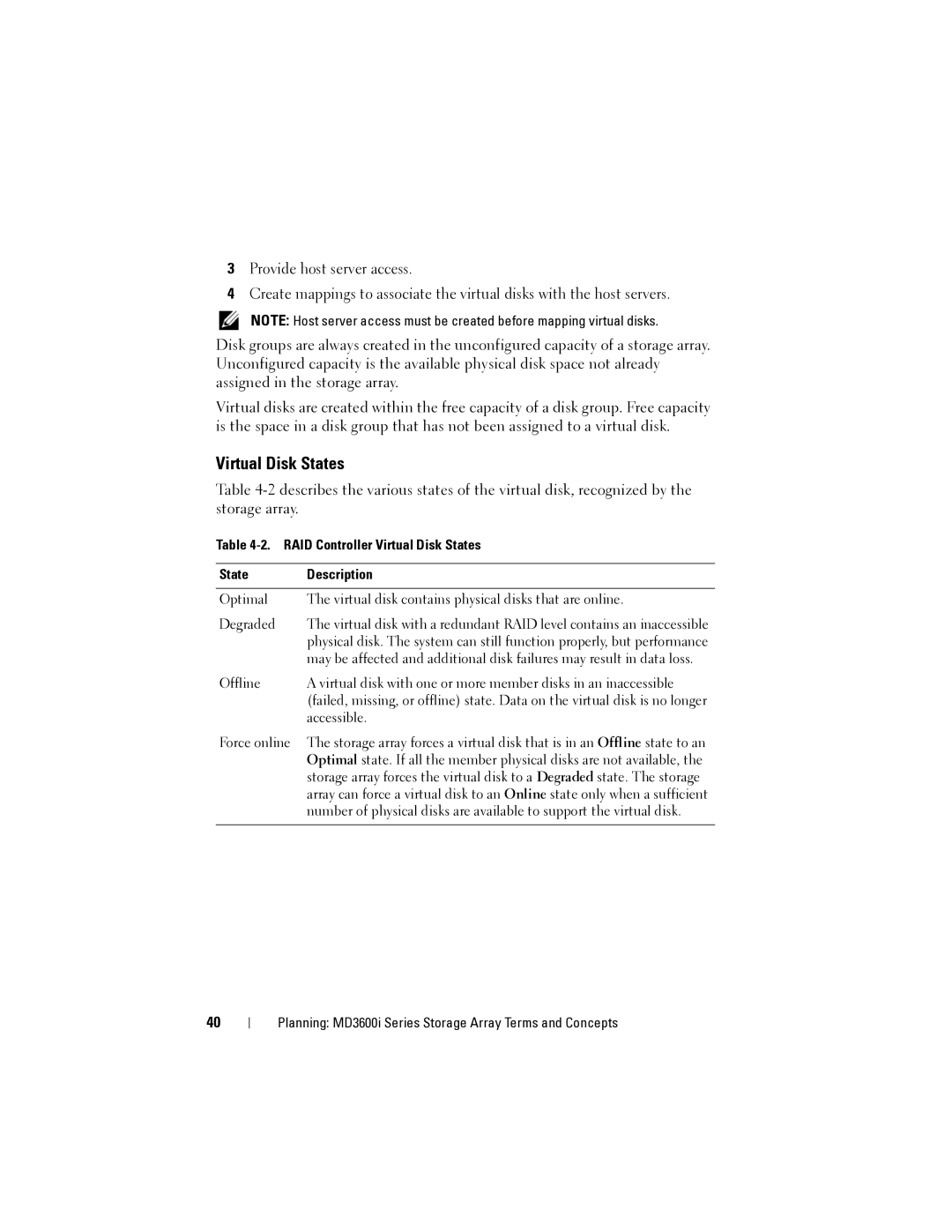 Dell MD3620I, MD3600I owner manual RAID Controller Virtual Disk States Description 